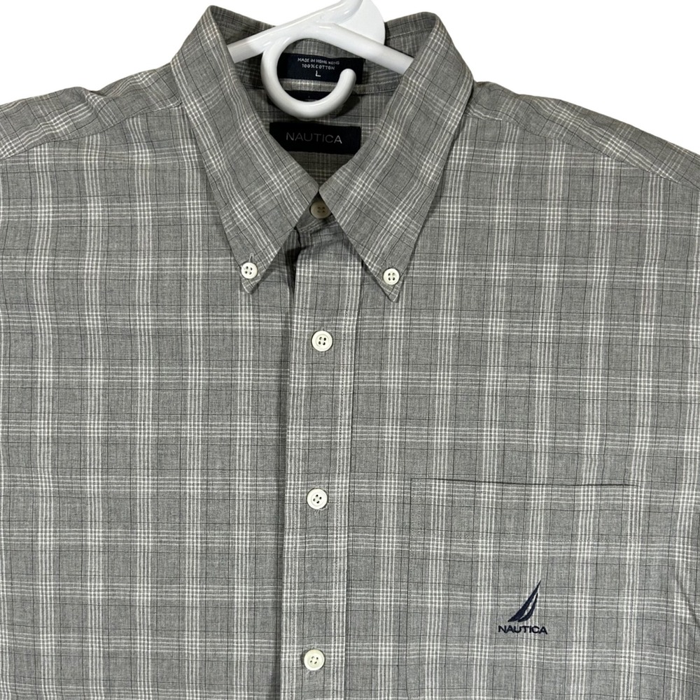 Nautica Mens‎ Large Grey Plaid Long Sleeve Button Down Cotton Shirt Logo Pocket